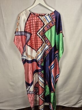 Vibrant "Mrs. Roper" Multi-Color Silk-Feel Kaftan — Pink & Green